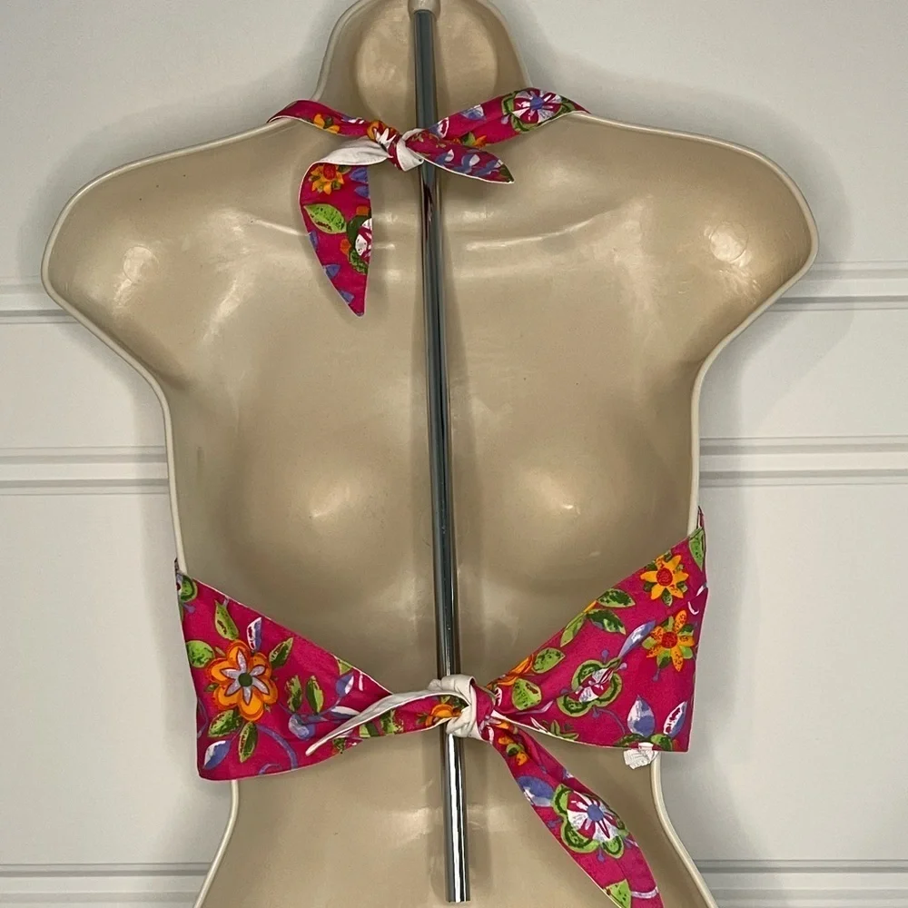 Vintage Y2K My Michelle Pink Floral Print Cropped V Neck Halter Top Retro 90’s S